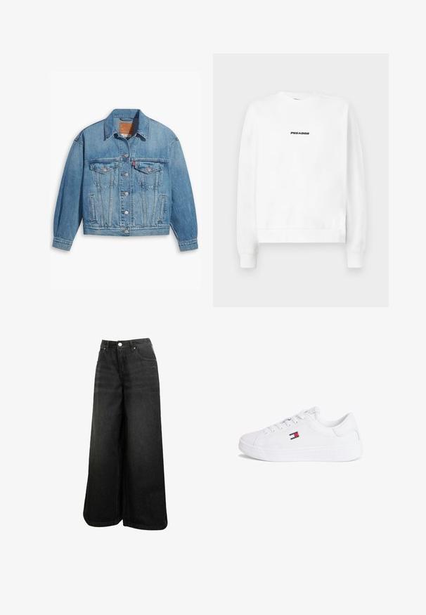 Hellblaues Denim-Jackett mit klassischem Design, Knopfleiste und zwei Brusttaschen. Verfügt über einen spitzen Kragen und leicht übergroße Ärmel.; Weißes Sweatshirt mit rundem Halsausschnitt und langen Ärmeln. Auf der Vorderseite befindet sich zentral ein schwarzes "PEGADOR"-Logo. Weicher Stoff.; Schwarze weit geschnittene Jeans mit hoher Taille, Frontknopf, Taschen und dezentem Logo auf der Vorder-Tasche.; Weiße Sneakers aus glattem synthetischem Material mit niedrigem Schnitt, Schnürverschluss und eingeprägtem Markennamen auf der Sohle.