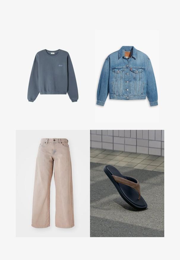 Hellblaues Denim-Jackett mit klassischem Design, Knopfleiste und zwei Brusttaschen. Verfügt über einen spitzen Kragen und leicht übergroße Ärmel.; Blauer Baumwollpullover mit rundem Halsausschnitt, gerippten Bündchen und Saum. Auf der Vorderseite befindet sich ein kleines "American Vintage"-Logo in einer helleren Farbtönung.; Beige weit geschnittene Jeans mit hohem Bund, Fünf-Taschen-Design und Knopfverschluss. Der Stoff hat eine weiche Textur und eine leichte Ausbleichung an der Vorderseite.; Schwarze Flip-Flop-Sandale mit braunen Wildlederriemen, die auf einer strukturierten Asphaltoberfläche in der Nähe einer gefliesten Wand liegt.