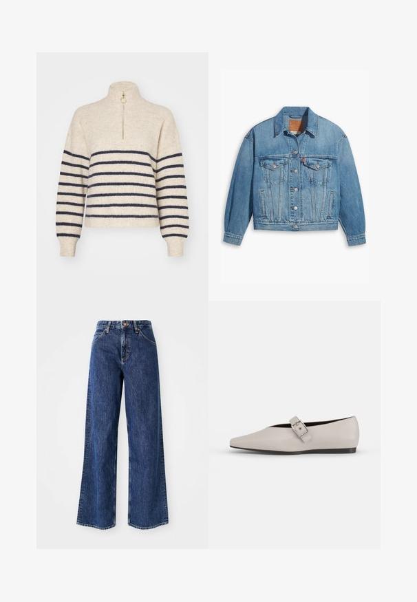Veste en denim bleu clair au design classique, fermeture à boutons à l'avant et deux poches poitrine. Dotée d'un col pointu et de manches légèrement oversize.; Tricot beige avec des rayures horizontales bleu marine, col montant et fermeture éclair demi-longueur. Fabriqué en tissu tricoté texturé, avec des poignets côtelés.; Jean en denim bleu à jambes larges avec taille haute, coutures visibles, poches avant et texture légèrement délavée.; Chaussure plate en cuir beige avec un bout pointu, un accent de boucle sur le côté et une semelle noire basse. Texture lisse et design minimaliste.
