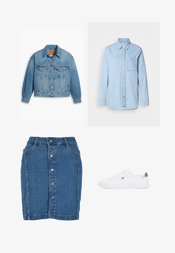 Lichtblauwe denimjas met een klassiek ontwerp, knoopsluiting aan de voorkant en twee borstzakken. Beschikt over een puntige kraag en licht oversized mouwen.; Lichtblauwe denim shirt met een knoopsluiting aan de voorkant, puntige kraag, één borstzak en lange mouwen met knoopmanchetten.; Denim rok met een sluiting aan de voorkant met knopen, een aansluitend ontwerp, lichtblauwe kleur en subtiele stiksels.; Witte canvas sneakers met ronde neus, vetersluiting aan de voorkant en een gouden accent op de hak. Beschikt over een klein embleem aan de zijkant.