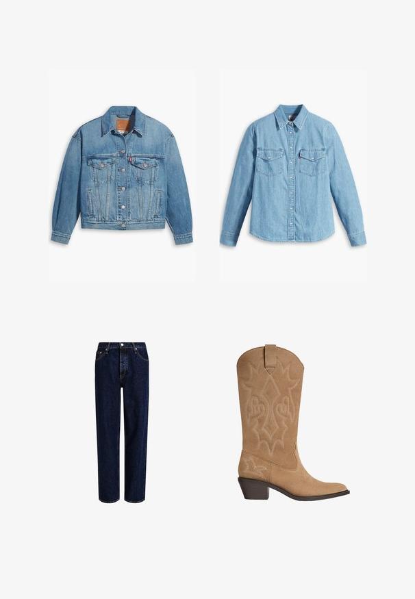 Hellblaues Denim-Jackett mit klassischem Design, Knopfleiste und zwei Brusttaschen. Verfügt über einen spitzen Kragen und leicht übergroße Ärmel.; Helles blaues Denimhemd mit langen Ärmeln, spitzem Kragen, zwei Brusttaschen, Knopfleiste und subtiler Struktur. Keine sichtbaren Muster.; Dunkelblaue Denim-Jeans mit geradem Bein, hoher Taille, fünf Taschen und kontrastierenden Nähten. Ohne Verzierungen.; Tanfarbene Wildleder-Cowboystiefel mit bestickter dekorativer Naht, mittelhohem gestapeltem Absatz und Zugschlaufe am Schaft.