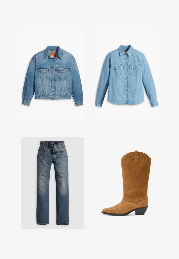Lichtblauwe denimjas met een klassiek ontwerp, knoopsluiting aan de voorkant en twee borstzakken. Beschikt over een puntige kraag en licht oversized mouwen.; Lichtblauwe spijker blouse met lange mouwen, puntige kraag, twee borstzakken, knoopsluiting en subtiele textuur. Geen zichtbare patronen.; Blauwe spijkerbroek met een recht model, voorzien van zichtbare stiksels, een ritssluiting en vijf zakken. Vervaagde gedeelten bieden textuur.; Bruine suède cowboylaars met een spitse neus, gebogen bovenrand, decoratieve stiksels en een lage gestapelde hak. Geweven oppervlak heeft bloemenpatronen.