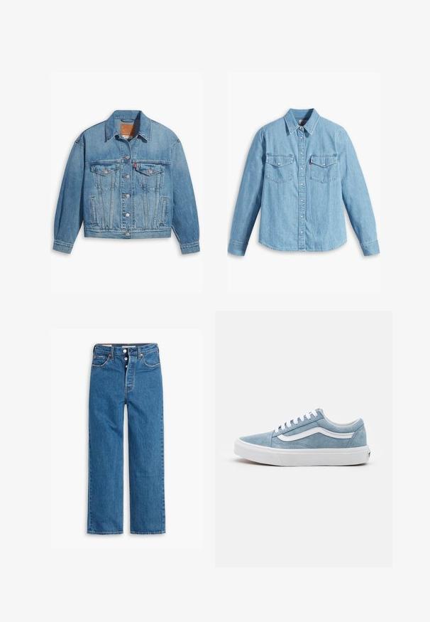 Chaqueta de denim azul claro con un diseño clásico, cierre de botones en el frente y dos bolsillos en el pecho. Presenta un cuello puntiagudo y mangas ligeramente oversize.; Camisa de mezclilla azul claro con mangas largas, cuello puntiagudo, dos bolsillos en el pecho, botonera y una textura sutil. Sin patrones visibles.; Vaqueros de mezclilla azul de pierna recta con una cintura alta, diseño de cinco bolsillos y cierre de botones. Costuras visibles y remaches de tono cobrizo.; Zapatillas de ante azul claro con cordones y detalles blancos. Diseño clásico de caña baja, con una franja lateral blanca en contraste y suela de goma.
