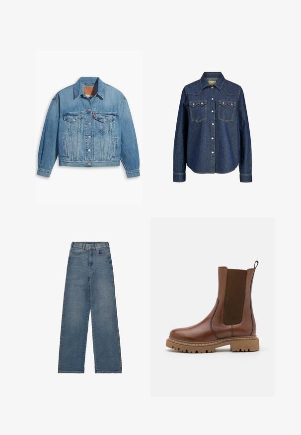 Lichtblauwe denimjas met een klassiek ontwerp, knoopsluiting aan de voorkant en twee borstzakken. Beschikt over een puntige kraag en licht oversized mouwen.; Donkerblauwe denim overhemd met een puntkraag, twee borstzakken en gestikte accenten. Voorzien van knoopsluiting en lange mouwen.; Hoge taille, wijde spijkerbroeken in mediumblauwe denim. Voorzien van vijf zakken, een voorknopsluiting en contrasterende stiksels.; Bruine leren enkelboot met elastische panelen en een trekomed. Kenmerkt zich door een robuuste rubberen zool en zichtbare stiksels langs de randen.