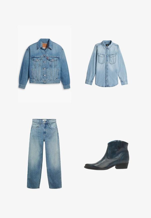 Veste en denim bleu clair au design classique, fermeture à boutons à l'avant et deux poches poitrine. Dotée d'un col pointu et de manches légèrement oversize.; Chemise en denim bleu clair à manches longues avec col, fermeture à boutons sur le devant, et deux poches sur la poitrine avec rabats à boutons.; Jeans en denim bleu clair à jambe large avec une taille haute, cinq poches et une fermeture à bouton. Motif délavé vers le bas.; Bottes de cowboy en cuir bleu foncé, avec un bout pointu, des accents courbés et un talon bas empilé avec des détails de couture subtils.