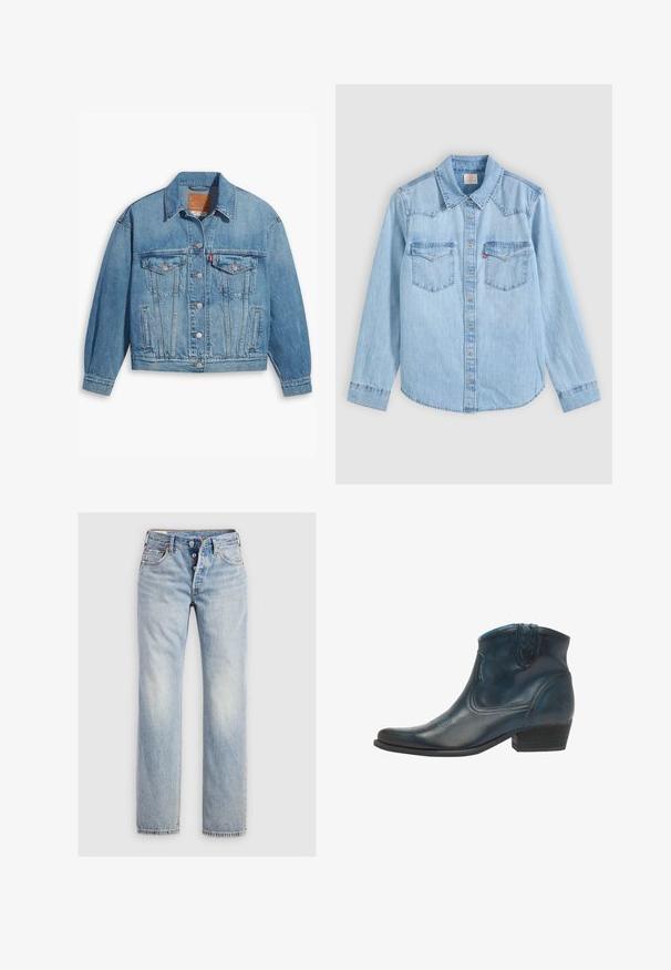 Lichtblauwe denimjas met een klassiek ontwerp, knoopsluiting aan de voorkant en twee borstzakken. Beschikt over een puntige kraag en licht oversized mouwen.; Lichtblauw denim overhemd met lange mouwen, knoopsluiting, twee borstzakken met kleppen en een klassieke puntige kraag op een grijze achtergrond.; Lichtblauwe denim jeans met een recht gesneden ontwerp, een vijfknopen gulp en achterzakken met subtiele stikdetails.; Cowboyenklaar met een donkerblauwe leren uitvoerig, met een puntige neus, gebogen accenten en een lage gestapelde hak met subtiele stiksels.