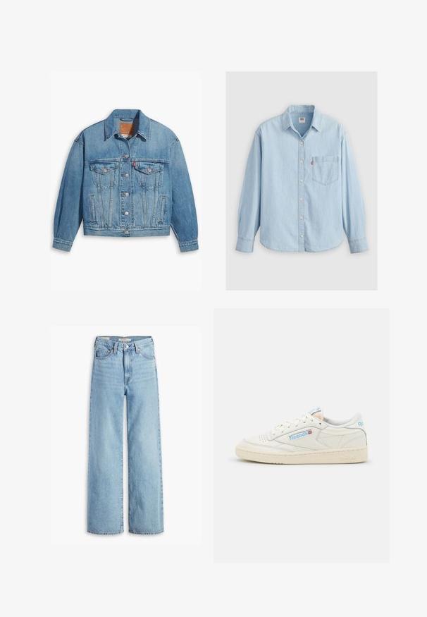 Hellblaues Denim-Jackett mit klassischem Design, Knopfleiste und zwei Brusttaschen. Verfügt über einen spitzen Kragen und leicht übergroße Ärmel.; Hellblaue Denim-Hemd mit spitzem Kragen, langen Ärmeln, Knopfverschluss und einer Brusttasche mit einem kleinen Logolabel.; Hochgeschnittene, hellblaue Schlagjeans mit Frontknopf und Reißverschluss, Gürtelschlaufen und fünf Taschen.; Reebok-Sneaker aus beige Leder mit hellblauen Akzenten. Verfügt über eine perforierte Zehe, flache Schnürsenkel und eine strukturierte Gummisohle.