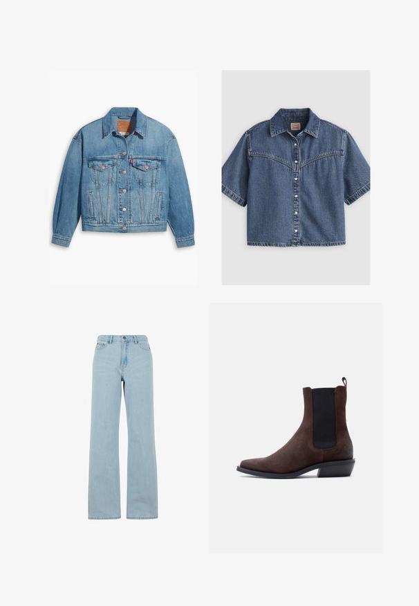 Hellblaues Denim-Jackett mit klassischem Design, Knopfleiste und zwei Brusttaschen. Verfügt über einen spitzen Kragen und leicht übergroße Ärmel.; Kurzärmeliges blaues Jeanshemd mit Knopfleiste, spitzem Kragen und Western-Stil Passe-Nähten.; Helle blaue Schlagjeans aus Denim, mit hoher Taille, Fronttaschen und einer dezenten Waschstruktur. Standardknopf- und Reißverschluss.; Brauner Chelsea-Stiefel aus Wildleder mit schwarzem elastischem Seitenpaneel, Zuglasche hinten, niedrigem Absatz und spitzer Zehenpartie auf weißem Hintergrund.