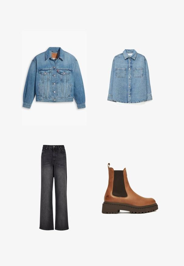 Chaqueta de denim azul claro con un diseño clásico, cierre de botones en el frente y dos bolsillos en el pecho. Presenta un cuello puntiagudo y mangas ligeramente oversize.; Camisa vaquera azul claro con botones, dos bolsillos en el pecho y mangas largas, mostrada sobre un fondo blanco sencillo.; Pantalones vaqueros negros de pierna ancha con una textura suave, que cuentan con una cintura alta, bolsillos frontales y un cierre de botón.; Bota Chelsea de cuero marrón con suela gruesa de goma negra y paneles laterales elásticos, con una lengüeta en la parte trasera.