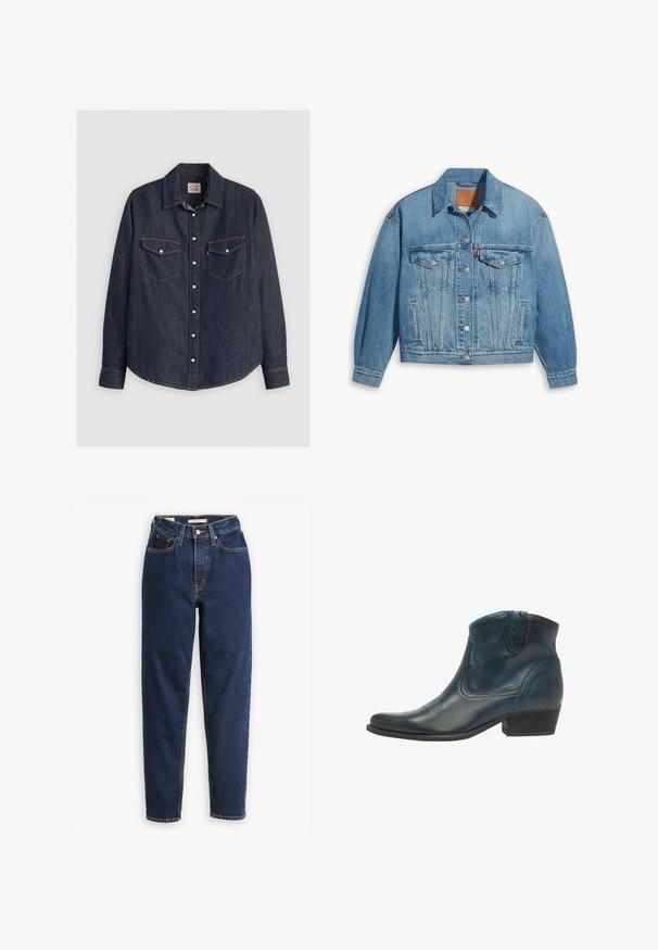 Lichtblauwe denimjas met een klassiek ontwerp, knoopsluiting aan de voorkant en twee borstzakken. Beschikt over een puntige kraag en licht oversized mouwen.; Donkerblauwe denim overhemd met lange mouwen, kraag met knopen aan de voorkant, twee borstzakken met kleppen en contrasterende gele stiksels.; Donkerblauwe denimjeans met een hoge taille, vijf-pocket ontwerp en rechte pijpen. Contrasterende stiksels en een knopen-flapsluiting.; Cowboyenklaar met een donkerblauwe leren uitvoerig, met een puntige neus, gebogen accenten en een lage gestapelde hak met subtiele stiksels.