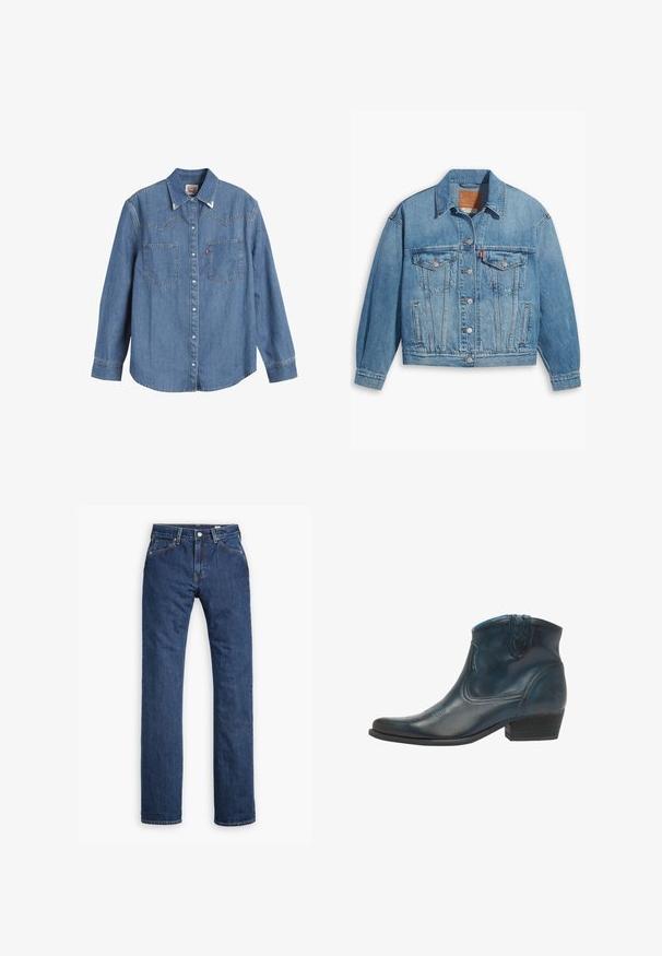 Hellblaues Denim-Jackett mit klassischem Design, Knopfleiste und zwei Brusttaschen. Verfügt über einen spitzen Kragen und leicht übergroße Ärmel.; Hellblaues Denim-Hemd mit langen Ärmeln, spitzem Kragen, zwei Brusttaschen und kontrastierenden Nähten. Verfügt über ein Design mit Westernstil-Yoke.; Levi's® MOJ MIJ PLANK STRAIGHT - Jeans Straight Leg - stems; Cowboy-Stiefel aus dunkelblauem Leder, mit spitz zulaufender Zehenpartie, geschwungenen Akzenten und einem niedrigen, gestapelten Absatz mit dezenten Nähdetails.