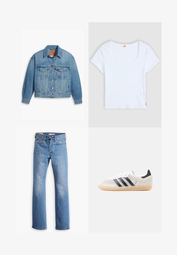 Lichtblauwe denimjas met een klassiek ontwerp, knoopsluiting aan de voorkant en twee borstzakken. Beschikt over een puntige kraag en licht oversized mouwen.; Witte korte mouwtop met een vierkante halslijn, gemaakt van ribbelstructuur stof. Heeft een klein rood logo etiket aan de onderkant aan de linkerkant.; Blauwe denim spijkerbroek met een rechte pijpdesign, heeft een hoge taille, klassieke vijf-pocket styling en duidelijke vervaging op de bovenbenen.; Witte sneakers van mesh met een zwart ontwerp van drie strepen, een ronde neus en een rubberen gumzool. Voorzien van een zachte hielkraag en een vetersluiting.