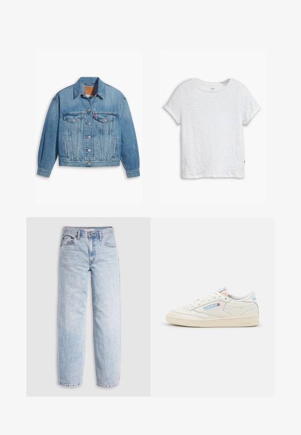 Lichtblauwe denimjas met een klassiek ontwerp, knoopsluiting aan de voorkant en twee borstzakken. Beschikt over een puntige kraag en licht oversized mouwen.; Witte kortere mouwen t-shirt van lichtgewicht katoen, met een ronde halslijn, een iets boxy vorm en een klein rood logo-label aan de zoom.; Lichtblauwe spijkerbroek met hoge taille, losvallende pasvorm, rechte pijpen en een klassiek ontwerp met vijf zakken. Zichtbare vervaging en stikseldetails.; Reebok sneakers in off-white leer met lichtblauwe accenten. Beschikt over een geperforeerde neus, platte veters en een getextureerde rubberen zool.