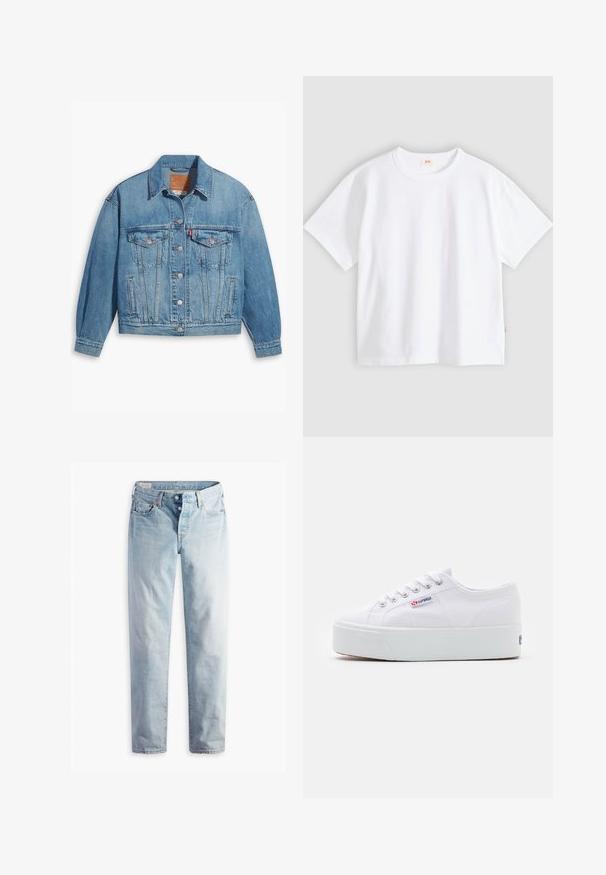 Chaqueta de denim azul claro con un diseño clásico, cierre de botones en el frente y dos bolsillos en el pecho. Presenta un cuello puntiagudo y mangas ligeramente oversize.; Camiseta blanca de algodón con mangas cortas, cuello redondo, ajuste holgado, textura suave y una pequeña etiqueta con logotipo en la costura del lado izquierdo.; Jeans de mezclilla azul claro con diseño de pierna recta, cinco bolsillos y cierres de botones metálicos en una pretina estándar.; Zapatilla de lona blanca con una gruesa suela de plataforma blanca, punta redonda y ojales de metal para los cordones. Logotipo de la marca mostrado en el lateral.