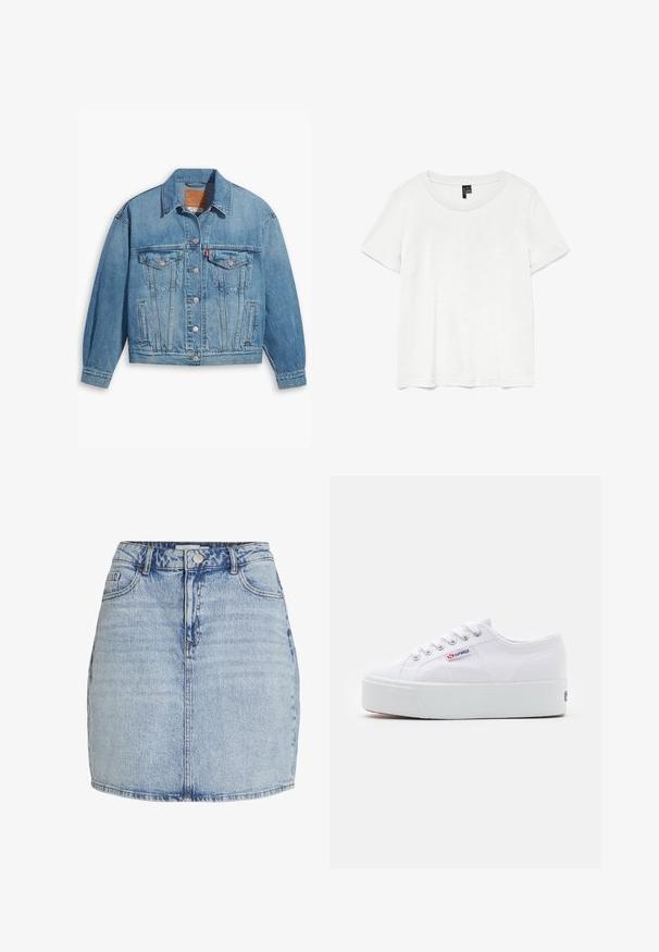 Lichtblauwe denimjas met een klassiek ontwerp, knoopsluiting aan de voorkant en twee borstzakken. Beschikt over een puntige kraag en licht oversized mouwen.; Witte t-shirt met korte mouwen en een ronde hals, gemaakt van lichte stof. Eenvoudig ontwerp, gladde textuur en rechte zoom.; Lichtblauwe denim mini-jurk met een sluiting met knopen en rits aan de voorkant, riemlussen en voorzakken.; Witte canvas sneaker met een dikke witte platformzool, ronde neus en metalen oogjes voor veters. Merkl logo aan de zijkant weergegeven.
