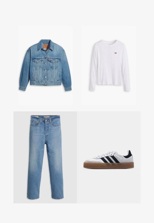 Chaqueta de denim azul claro con un diseño clásico, cierre de botones en el frente y dos bolsillos en el pecho. Presenta un cuello puntiagudo y mangas ligeramente oversize.; Camisa blanca de manga larga hecha de suave algodón. Presenta un pequeñoLogo rojo de Levi's en el lado izquierdo del pecho. Diseño clásico de cuello redondo.; Jeans de mezclilla azul claro de pierna recta con bolsillos frontales, lazos para cinturón y cierre de botón sobre un fondo liso.; Zapatillas de cuero blancas con rayas negras, suela de goma, puntera redonda, cierre de cordones y caperuza de ante gris suave.