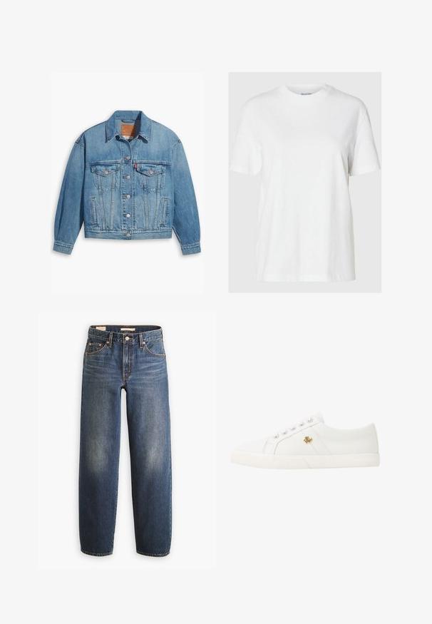 Hellblaues Denim-Jackett mit klassischem Design, Knopfleiste und zwei Brusttaschen. Verfügt über einen spitzen Kragen und leicht übergroße Ärmel.; Weißes Baumwoll-T-Shirt mit kurzen Ärmeln und rundem Ausschnitt. Hat eine lockere Passform und ein minimales Design ohne Muster oder Akzente.; Dunkelblaue Jeans aus Denim mit geradem Bein, ausgestattet mit fünf Taschen, Kupfernieten und dezenten Verwaschungen an den Oberschenkeln.; Lauren Ralph Lauren JANSON II CANVAS SNEAKER - Sneaker low - optic white