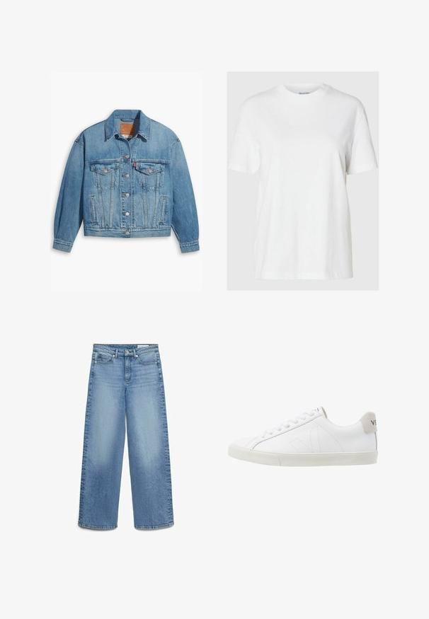 Veste en denim bleu clair au design classique, fermeture à boutons à l'avant et deux poches poitrine. Dotée d'un col pointu et de manches légèrement oversize.; T-shirt en coton blanc avec des manches courtes et un col rond. Présente une coupe décontractée et un design minimal sans motifs ni accents.; Jean en denim bleu clair à jambes larges avec poches avant, passants pour ceinture, et une fermeture à bouton et zip.; Baskets en cuir blanc avec une semelle en caoutchouc texturée et blanc cassé. Les caractéristiques incluent des lacets, des coutures discrètes et un accent en daim gris au niveau du talon.