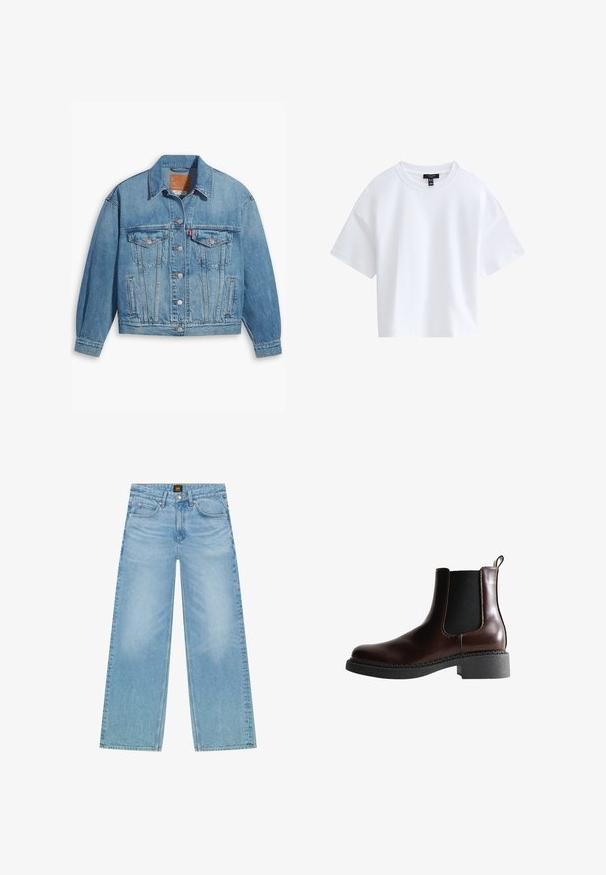 Lichtblauwe denimjas met een klassiek ontwerp, knoopsluiting aan de voorkant en twee borstzakken. Beschikt over een puntige kraag en licht oversized mouwen.; Effen witte cropped T-shirt met korte mouwen, een ronde hals en een zwart merkembleem aan de binnenkant van de kraag.; Lichtblauwe, wijde spijkerbroek van denim. Beschikt over een klassieke vijf-pocket stijl en een subtiele vervaagde textuur. Knoop- en ritsluiting.; Bruine leren enkelboot met elastische zijpanelen, ronde neus en een gestructureerde zwarte rubberen zool. Heeft contrasterende stiksels en een lusje aan de achterkant.
