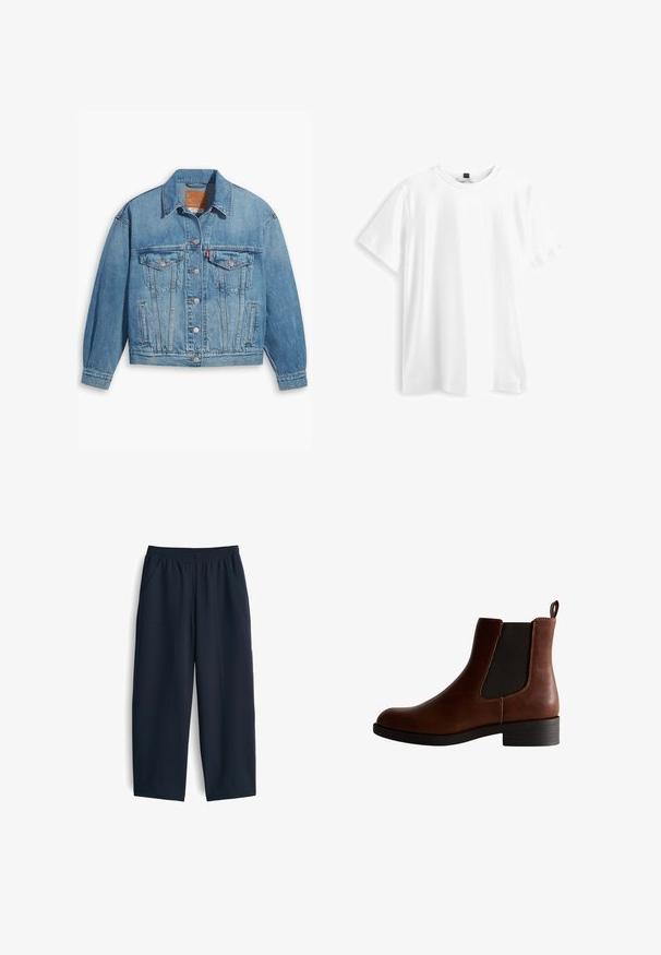 Lichtblauwe denimjas met een klassiek ontwerp, knoopsluiting aan de voorkant en twee borstzakken. Beschikt over een puntige kraag en licht oversized mouwen.; Witte katoenen t-shirt met korte mouwen, ronde hals en een iets losse pasvorm. Eenvoudig ontwerp, zonder patronen of extra accenten.; Navy blauwe broek van gladde stof, met een elastische tailleband, twee zijzakken en een relaxte pasvorm met rechte pijpen.; Bruine leren enkelboot met elastische zijkanten, ronde neus en een lage blokhak. Kenmerkt zich door contrasterende stiksels en een trekband.