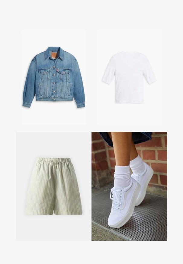 Veste en denim bleu clair au design classique, fermeture à boutons à l'avant et deux poches poitrine. Dotée d'un col pointu et de manches légèrement oversize.; T-shirt en coton blanc avec des manches courtes, un col rond et une texture lisse. Aucun motif ou embellissement visible.; Shorts en coton vert clair présentant des rayures blanches verticales, une taille élastique et une coupe ample et décontractée. Texture lisse.; Baskets en toile blanches avec semelles en caoutchouc, dotées de six œillets, d'un bout rond et de détails de couture légers, portées avec des chaussettes blanches mi-mollet.