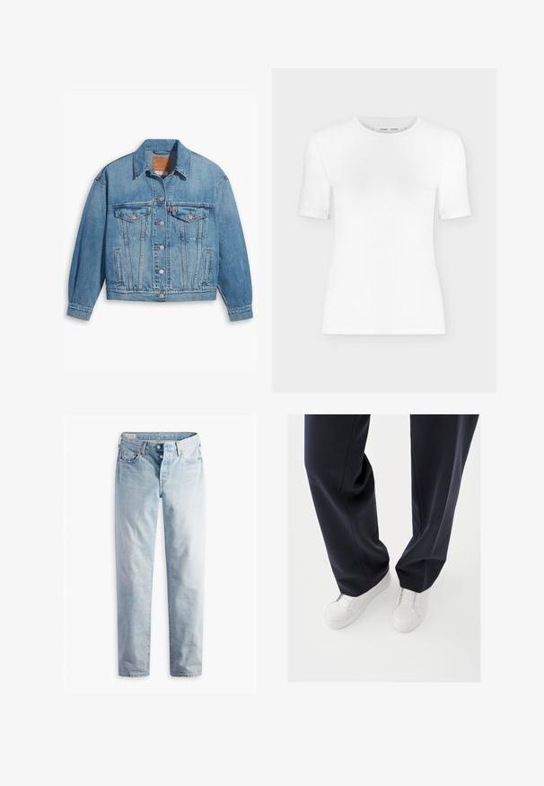 Veste en denim bleu clair au design classique, fermeture à boutons à l'avant et deux poches poitrine. Dotée d'un col pointu et de manches légèrement oversize.; T-shirt blanc à manches courtes avec col rond, coupe slim et texture de tissu côtelé, présenté sur un fond uni gris clair.; Jean en denim bleu clair avec une coupe droite, cinq poches et des fermetures à boutons métalliques sur une ceinture standard.; Baskets blanches avec semelles en caoutchouc texturées et lacets plats, associées à un pantalon bleu marine foncé affichant un tissu fluide et ample et une coupe ajustée.