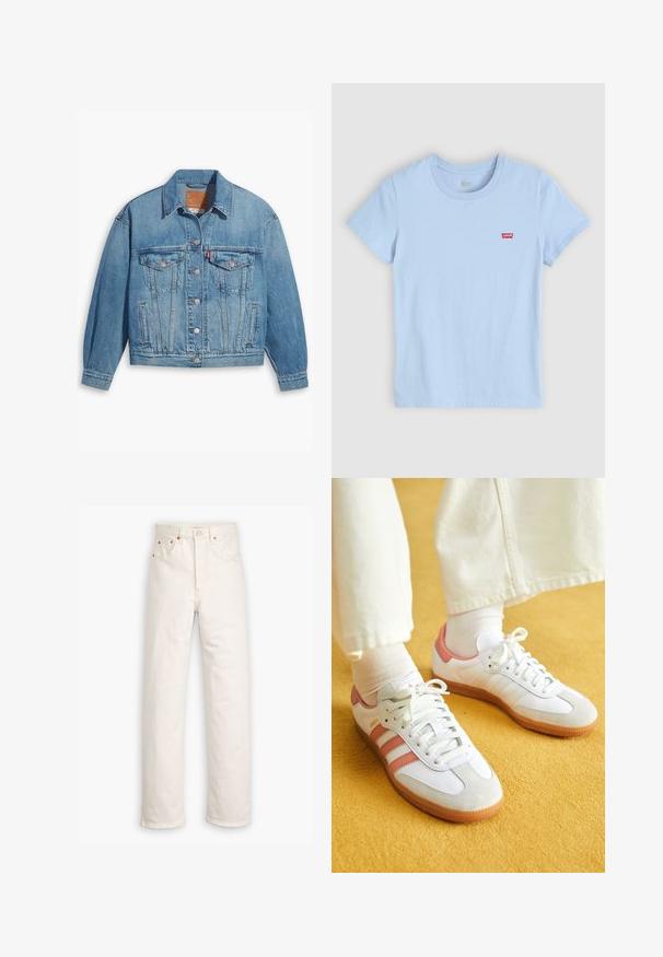 Lichtblauwe denimjas met een klassiek ontwerp, knoopsluiting aan de voorkant en twee borstzakken. Beschikt over een puntige kraag en licht oversized mouwen.; Lichtblauw katoenen t-shirt met een ronde hals en korte mouwen. Heeft een klein rood Levi's logo op de linkerborst.; Witte denim jeans met een recht gesneden ontwerp, vijf zakken en koperen hardware accenten. Afgeronde zoom aan de enkels.; Witte sportschoenen met roze accenten, gemaakt van suede en leer, met een ronde neus en een rubberen zool, weergegeven met lichtgekleurde sokken op een gele achtergrond.