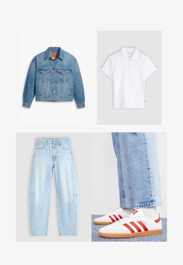 Hellblaues Denim-Jackett mit klassischem Design, Knopfleiste und zwei Brusttaschen. Verfügt über einen spitzen Kragen und leicht übergroße Ärmel.; Weißes kurzärmliges, geripptes Poloshirt mit Kragen und vier Knöpfen, flach auf einem hellgrauen Hintergrund liegend.; Hellblaue Denim-Jeans mit relaxed Fit, hoher Taille, Fünf-Taschen-Design und subtilen Ausbleichungen sowie ausgefransten Saumdetails.; Weiße Leder Sneaker mit roten Streifen und Akzenten. Verfügt über eine strukturierte Gummi-Laufsohle und einen gepolsterten Schaft. Tragen mit hellblauer Jeans.
