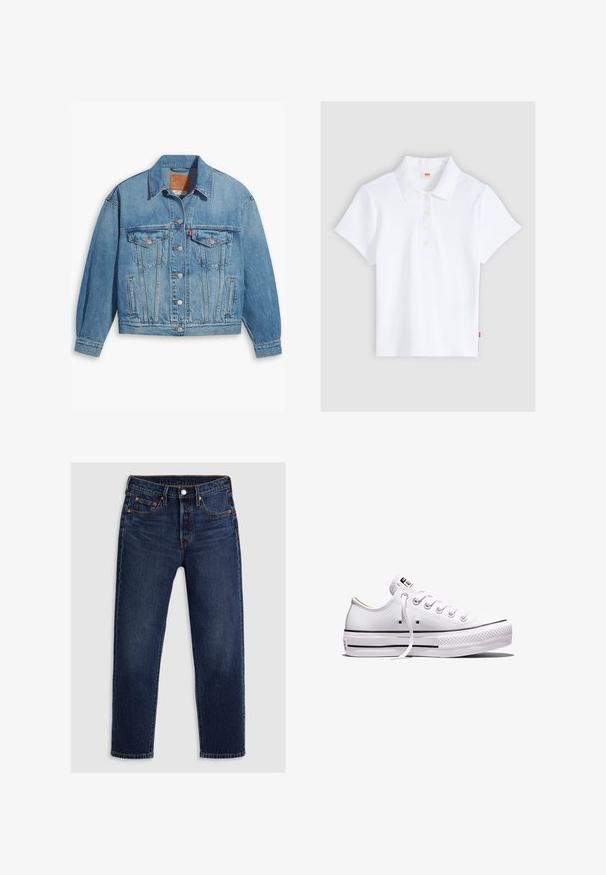 Hellblaues Denim-Jackett mit klassischem Design, Knopfleiste und zwei Brusttaschen. Verfügt über einen spitzen Kragen und leicht übergroße Ärmel.; Weißes kurzärmliges, geripptes Poloshirt mit Kragen und vier Knöpfen, flach auf einem hellgrauen Hintergrund liegend.; Dunkelblaue Jeans aus Denim mit geradem Bein-Design. Verfügt über einen Reißverschluss mit Knopfverschluss, fünf Taschen und kontrastierende Nähte.; Weißer Sneaker aus Segeltuch mit niedrigem Schnitt, weißen Schnürsenkeln, Gummisohle, schwarzen Streifendetails und Logopatch auf der Zunge und Ferse.