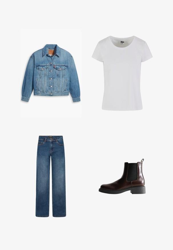 Chaqueta de denim azul claro con un diseño clásico, cierre de botones en el frente y dos bolsillos en el pecho. Presenta un cuello puntiagudo y mangas ligeramente oversize.; Camiseta blanca de manga corta hecha de algodón. Presenta un escote redondeado y una forma ajustada. La etiqueta dice "URBAN CLASSICS."; Vaqueros de pierna ancha en lavado azul medio. Cuentan con cinco bolsillos, cierre de botón y cremallera, y costuras doblemente reforzadas. Tejido duradero.; Botín de cuero marrón con paneles laterales elásticos, puntera redonda y suela de goma negra texturizada. Presenta costuras en contraste y una pestaña para facilitar el calce.