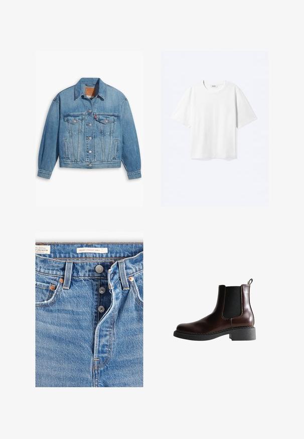 Chaqueta de denim azul claro con un diseño clásico, cierre de botones en el frente y dos bolsillos en el pecho. Presenta un cuello puntiagudo y mangas ligeramente oversize.; Camiseta blanca de manga corta con cuello redondo y dobladillo recto, con etiqueta de la marca "WEEKDAY" dentro del escote.; Jeans de mezclilla azul claro con corte recto a la altura del tobillo. Incluye cinco bolsillos, dos botones de metal y costuras naranjas visibles. Etiquetas presentes.; Botín de cuero marrón con paneles laterales elásticos, puntera redonda y suela de goma negra texturizada. Presenta costuras en contraste y una pestaña para facilitar el calce.