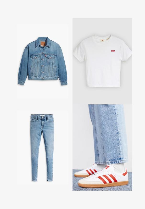 Veste en denim bleu clair au design classique, fermeture à boutons à l'avant et deux poches poitrine. Dotée d'un col pointu et de manches légèrement oversize.; T-shirt blanc à manches courtes avec col rond et petit logo rouge Levi's sur la poitrine gauche.; Jean super skinny bleu clair avec fermeture à bouton et fermeture éclair à l'avant, passants de ceinture et design à cinq poches.; Baskets en cuir blanc avec des rayures et des accents rouges. Dotées d'une semelle extérieure en gomme texturée et d'un col rembourré. Portées avec un jean en denim bleu clair.
