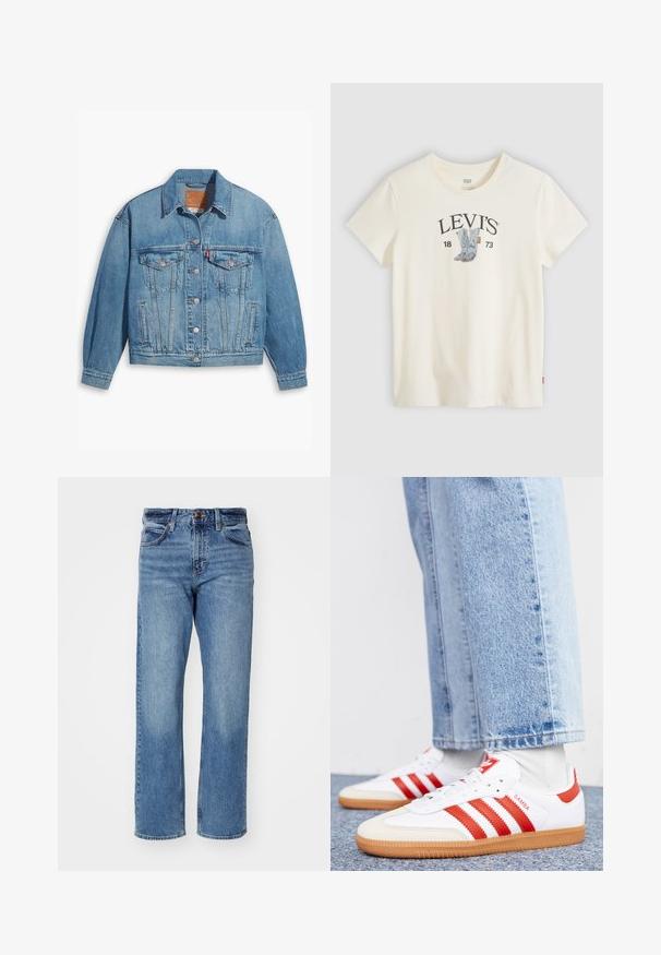 Lichtblauwe denimjas met een klassiek ontwerp, knoopsluiting aan de voorkant en twee borstzakken. Beschikt over een puntige kraag en licht oversized mouwen.; Witte Levi's T-shirt met korte mouwen met een afbeelding van blauwe cowboylaarzen en "LEVI'S 1873" gedrukt op de borst.; Lichtblauwe rechte jeans gemaakt van denim. Bevat vijf zakken, een klassieke knoopsluiting en subtiele fading door de stof.; Witte leren sneakers met rode strepen en accenten. Voorzien van een getextureerde gumrubberen outsole en een gevoerde kraag. Draag ze met lichtblauwe denim.