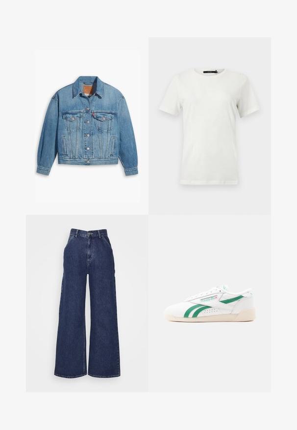 Hellblaues Denim-Jackett mit klassischem Design, Knopfleiste und zwei Brusttaschen. Verfügt über einen spitzen Kragen und leicht übergroße Ärmel.; Schlichtes weißes T-Shirt mit kurzen Ärmeln und Rundhalsausschnitt, mit geradem Saum, flach auf hellem Hintergrund dargestellt.; Weite Denim-Jeans in dunkelblau, mit hoher Taille, Fronttaschen und einem Reißverschluss mit Metallknopf. Glatte Textur und klassisches Design.; Weißer Reebok-Sneaker aus Leder mit grünen Seitenstreifen, beiger Sohle und Schnürsenkeln, dargestellt in einer linken Seitenansicht vor einem einfachen hellen Hintergrund.