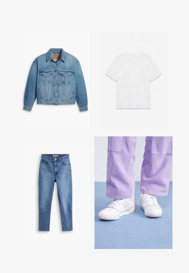 Chaqueta de denim azul claro con un diseño clásico, cierre de botones en el frente y dos bolsillos en el pecho. Presenta un cuello puntiagudo y mangas ligeramente oversize.; Camiseta blanca lisa de manga corta con cuello redondo, colocada plana sobre un fondo blanco.; Jean de mujer de tiro alto en azul con cierre delantero de botones y cremallera, con trabillas para cinturón y diseño de cinco bolsillos, plano sobre fondo blanco.; Zapatillas blancas con acentos rosas, parte superior de cuero texturizado y suela de goma, combinadas con pantalones de pierna ancha de color púrpura claro sobre una superficie azul.