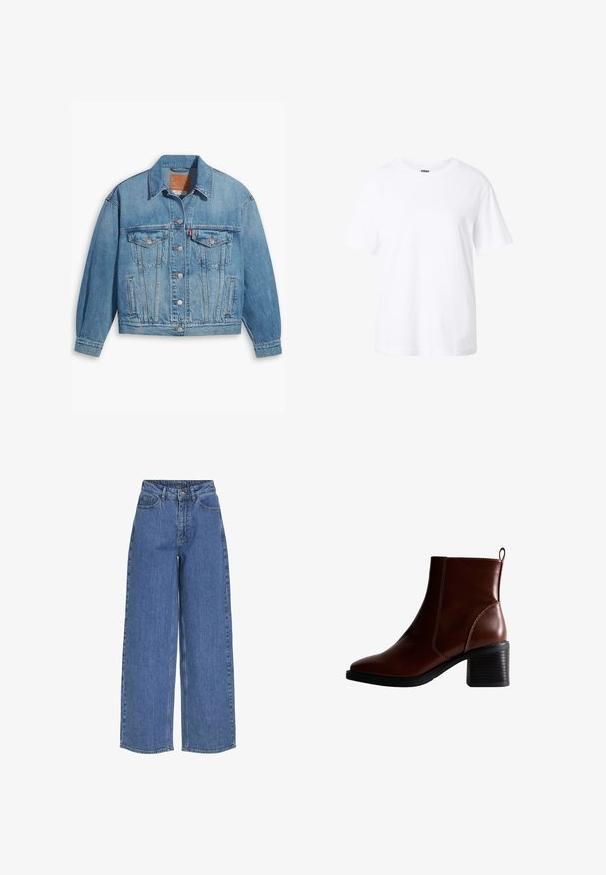 Chaqueta de denim azul claro con un diseño clásico, cierre de botones en el frente y dos bolsillos en el pecho. Presenta un cuello puntiagudo y mangas ligeramente oversize.; Camiseta blanca lisa de manga corta con cuello redondo, ajuste holgado y una pequeña etiqueta en el interior del cuello.; Pantalones vaqueros de pernera ancha y cintura alta, fabricados en tejido de mezclilla. Incluye bolsillos frontales y un cierre de botón. Diseño clásico y casual.; Botín de cuero marrón hasta el tobillo con punta cuadrada y costura lateral, un tacón apilado de 3 pulgadas y una lengüeta en la parte posterior para facilitar su colocación.