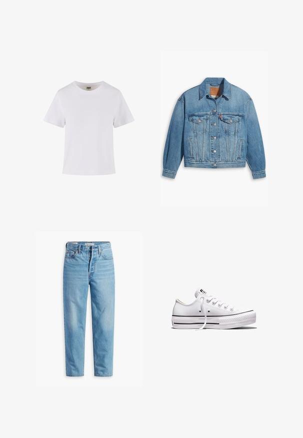 Veste en denim bleu clair au design classique, fermeture à boutons à l'avant et deux poches poitrine. Dotée d'un col pointu et de manches légèrement oversize.; T-shirt en coton blanc à manches courtes, avec un col rond et une coupe droite. Texture lisse, design simple, sans motifs ni accents visibles.; Jean en denim bleu clair taille haute, coupe droite, braguette à boutons et design à cinq poches, présenté à plat sur fond blanc.; Baskets basses en toile blanche avec lacets blancs, semelle en caoutchouc, détails à rayures noires, et écusson logo sur la languette et le talon.