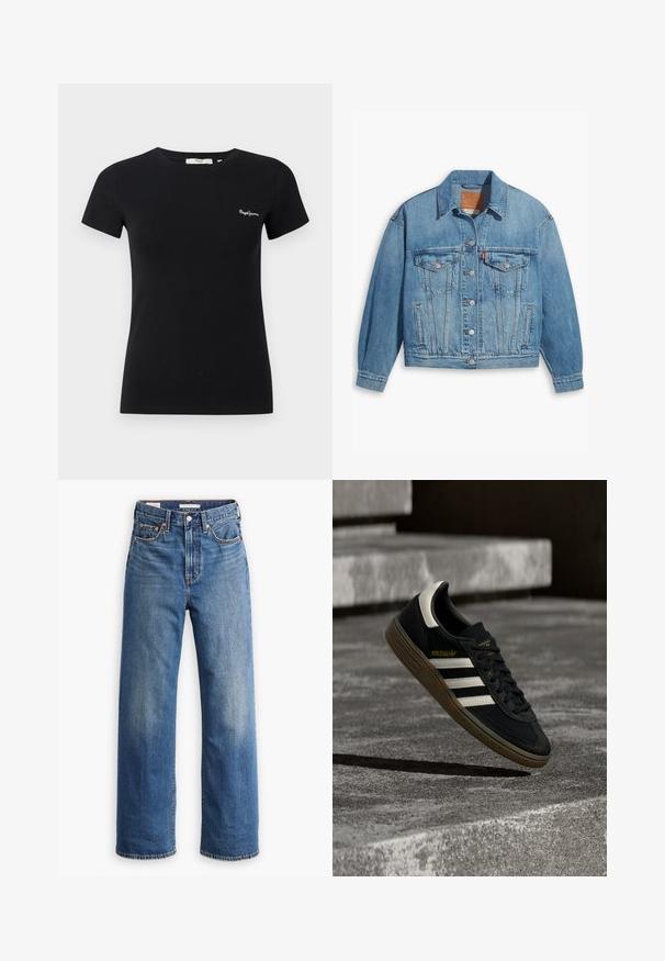 Hellblaues Denim-Jackett mit klassischem Design, Knopfleiste und zwei Brusttaschen. Verfügt über einen spitzen Kragen und leicht übergroße Ärmel.; Schwarzes, tailliertes T-Shirt mit kurzen Ärmeln, Rundhalsausschnitt und kleinem weißem "Pepe Jeans"-Logo auf der linken Brust.; Hellblaue Jeans aus Denim mit hoher Taille, weitem Bein, klassischem Fünf-Taschen-Design und subtilen Verwaschungen im Stoff.; Schwarzer Adidas-Sneaker mit weißen Streifen und Gummisohle schwebt über grauen Betonstufen im natürlichen Licht.