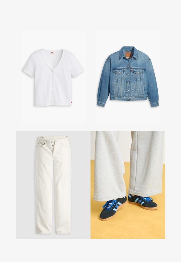 Chaqueta de denim azul claro con un diseño clásico, cierre de botones en el frente y dos bolsillos en el pecho. Presenta un cuello puntiagudo y mangas ligeramente oversize.; Top blanco de manga corta con cuello en V profundo, que presenta una fila de seis botones en la parte delantera y un pequeño logo rojo en el dobladillo.; Vaqueros blancos de talle alto con pierna recta, cremallera de botones, bolsillos delanteros y traseros, y remaches de cobre visibles en las esquinas de los bolsillos.; Zapatillas de ante negras y azules con cordones azules y acentos a rayas, combinadas con pantalones de pierna ancha gris claro, sobre un suelo amarillo.
