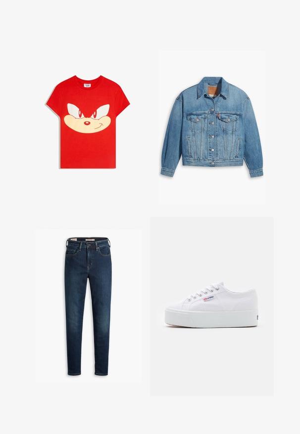 Veste en denim bleu clair au design classique, fermeture à boutons à l'avant et deux poches poitrine. Dotée d'un col pointu et de manches légèrement oversize.; T-shirt rouge à manches courtes arborant un grand visage stylisé de Sonic le Hérisson avec des yeux déterminés et une bouche souriante sur le devant.; Jean en denim bleu foncé avec une coupe slim, comportant cinq poches, une fermeture à bouton standard et un léger effet délavé à l'avant.; Baskets en toile blanches avec une épaisse semelle plateforme blanche, bout rond et œillets en métal pour les lacets. Logo de la marque affiché sur le côté.