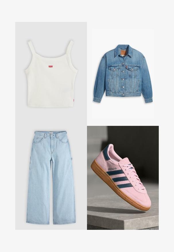 Veste en denim bleu clair au design classique, fermeture à boutons à l'avant et deux poches poitrine. Dotée d'un col pointu et de manches légèrement oversize.; Crop top blanc côtelé avec fines bretelles et petit logo Levi's rouge au centre devant et sur la couture latérale.; Jean en denim bleu clair à jambes larges avec poches avant, passants de ceinture et boucles latérales pour outils, posé à plat sur un fond gris.; Baskets en daim rose clair avec trois rayures bleu marine, semelle en caoutchouc et lacets rose clair. Présente un logo "SPEZIAL" sur le côté.