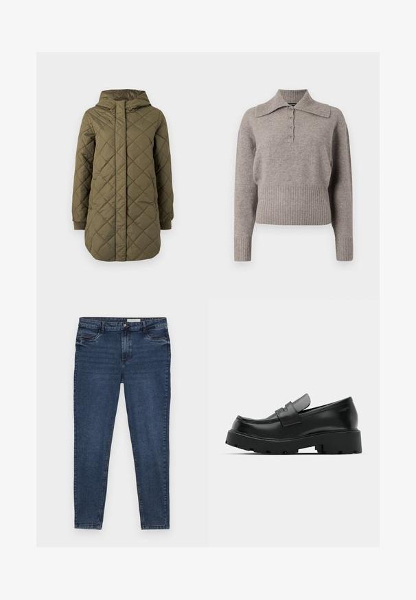 Chaqueta acolchada de color verde oliva con capucha, cierre frontal con cremallera, mangas largas y puños elásticos para brindar calidez y comodidad.; Suéter de punto gris claro con un cuello de camisa, cierre delantero de botones y ribetes en el dobladillo y los puños. Textura suave y diseño casual.; Jeans de mezclilla azul oscuro con un corte ajustado, diseño de cinco bolsillos y costuras doradas. Presenta un cierre de cremallera y botón. Textura suave.; Mocasines de cuero negro con suela gruesa y texturizada, que presentan una correa sobre el empeine y un acabado suave y pulido.