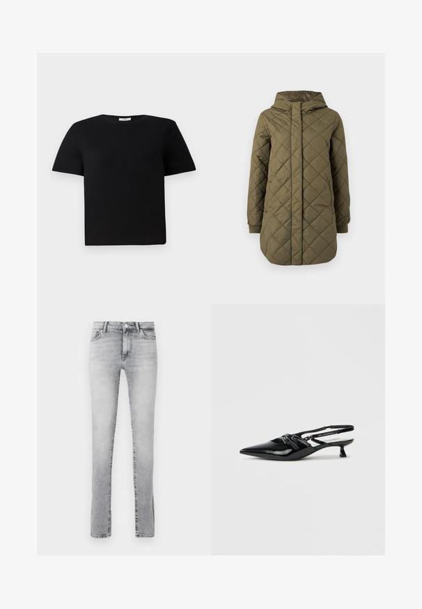 Veste matelassée vert olive avec capuche, dotée d'une fermeture éclair frontale, de manches longues et de poignets élastiques pour la chaleur et le confort.; T-shirt noir à manches courtes en coton. Présente un col rond et une coupe décontractée. Design uni sans motifs ni accents.; Jeans skinny fit en denim gris clair. Présente un design classique à cinq poches, une fermeture à bouton à l'avant et un léger délavage pour ajouter de la texture.; Chaussure slingback en cuir verni noir avec bout pointu, petit talon carré et bride ajustable ornée de détails découpés et d'accents logo.