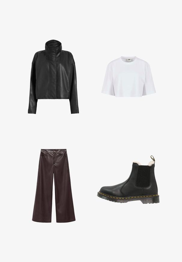 Sorte læder cropped jakke med høj krave og lige ærmer. Glat tekstur, skjult frontlynlås og minimale syninger.; Hvid cropped t-shirt lavet af blødt bomuld. Har en rund halsudskæring og korte ærmer med en afslappet pasform, ingen synlige mønstre eller hardware.; Brune faux læder wide-leg bukser med høj talje, der har forlommer og klassisk knaplukning. Glat tekstur og mat finish.; Sort læder ankelstøvle med strukturerede sidepaneler, blødt hvidt faux pelsfor, gule syninger og en holdbar gummisål.