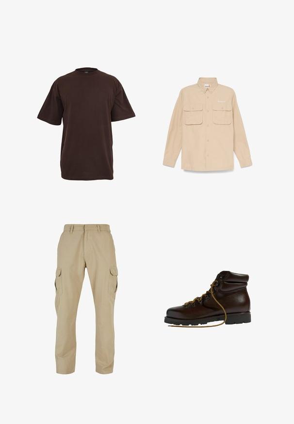 Beige langærmet skjorte med knapper og to knaplukninger foran på lommerne samt et lille Timberland-logo på venstre bryst.; Brun bomulds T-shirt med korte ærmer, rund halsudskæring og en afslappet pasform. Glat tekstur uden synlige mønstre eller accenter.; Beige cargo bukser lavet af bomulds twill, med flere sidelommer, lige ben design og lynlås med bæltestropper.; Brun læder vandrestøvle med en afrundet tå, tekstureret overflade, gule snørebånd og metaløjer. Har en robust sort gummisål.