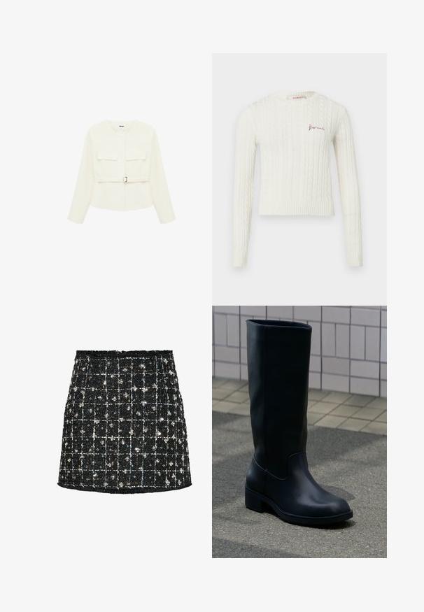 Witte, gestructureerde, lange mouwen jas met een ronde halslijn, klepzakken op de borst en een smalle riem met een rechthoekige gesp in de taille.; Gebreide ivoren trui met een gestructureerd kabelpatroon, cropped fit, lange mouwen en een klein rood geborduurd logo op de borst.; Zwarte tweed rok met een ruitpatroon, verfraaid met pailletten en kleine bloemaccenten, met een rafelige zoom en een aansluitend ontwerp.; Hoge zwarte leren laars met lage chunky hak die op een trottoir staat bij een betegelde muur op de achtergrond.