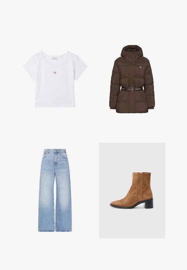 Braune wattierte Winterjacke mit Kapuze, vorderem Reißverschluss, zwei Taschen und schwarzem Calvin Klein Gürtel in der Taille, mit kleinem Logo auf der Brust.; Weißes Crop-Top mit kurzen Ärmeln, rundem Ausschnitt und kleinem quadratischem Calvin Klein Jeans Logo-Patch in der Mitte vorne.; Hellblaue Jeans mit hoher Taille und weitem Bein, vorne mit Knopf- und Reißverschluss, vorderen und hinteren Taschen sowie einem leicht verwaschenen Detail an der rechten Tasche.; Braune Wildleder-Schnöe mit spitzem Zehenbereich, mittlerem Blockabsatz und dezent geprägtem Logo-Detail. Reißverschluss an der Seite.