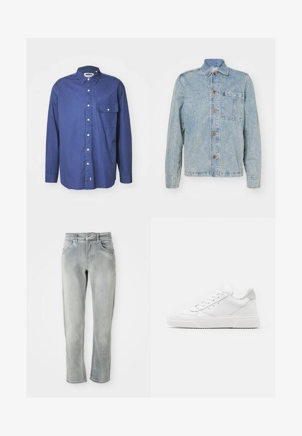 Lyseblå denimjakke med en klassisk krave, forreste knapper og en brystlomme. Har en afslappet pasform og synlige syninger.; Mørkeblå langærmet skjorte med knapper i vævet stof, med spidse kraver, forlommer og hvide knapper langs knapstolpen.; Lys grå denimjeans med lige ben, fem lommer, knaplukning og subtile falmning detaljer på stoffet.; Hvide lædersneakers med en glat finish, rund tå, flade snørebånd og en struktureret sål. Grå ruskindsdetalje ved hælen.