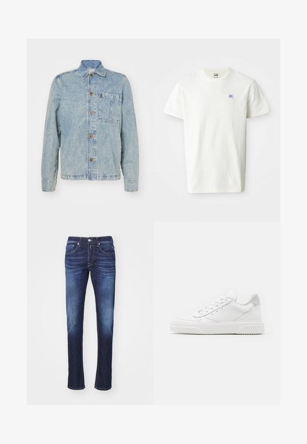 Hellblaues Denimjackett mit klassischem Kragen, vorderen Knöpfen und einer Brusttasche. Es hat eine lockere Passform und sichtbare Nähte.; Weißes Baumwoll-T-Shirt mit Rundhalsausschnitt und kurzen Ärmeln. Auf der linken Brust befindet sich ein kleines rechteckiges Logo von Lee in lila und blau.; Dunkelblaue Jeans aus Denim mit geradem Schnitt, ausgestattet mit fünf Taschen, einem Knopfverschluss und sanften Verwaschungen entlang der Oberschenkel.; Weiße Leder-Sneaker mit glatter Oberfläche, rundem Zehenbereich, flachen Schnürsenkeln und strukturiertem Schuhsohlen. Graues Wildleder-Detail an der Ferse.