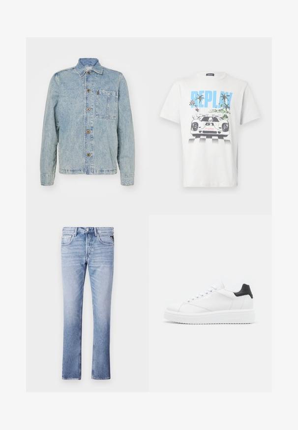 Lyseblå denimjakke med en klassisk krave, forreste knapper og en brystlomme. Har en afslappet pasform og synlige syninger.; Hvid bomulds-T-shirt med et farverigt motiv af en racerbils, palmer og ternede flag, med "REPLAY" tydeligt vist.; Lyseblå denimjeans med lige ben, fem lommer og synlige syninger. Glat tekstur og klassisk pasform.; Hvide lædersneakers med en sort hælflap, flade snørebånd, struktureret mellemsål og branding på ydersiden. Designet til afslappet brug.